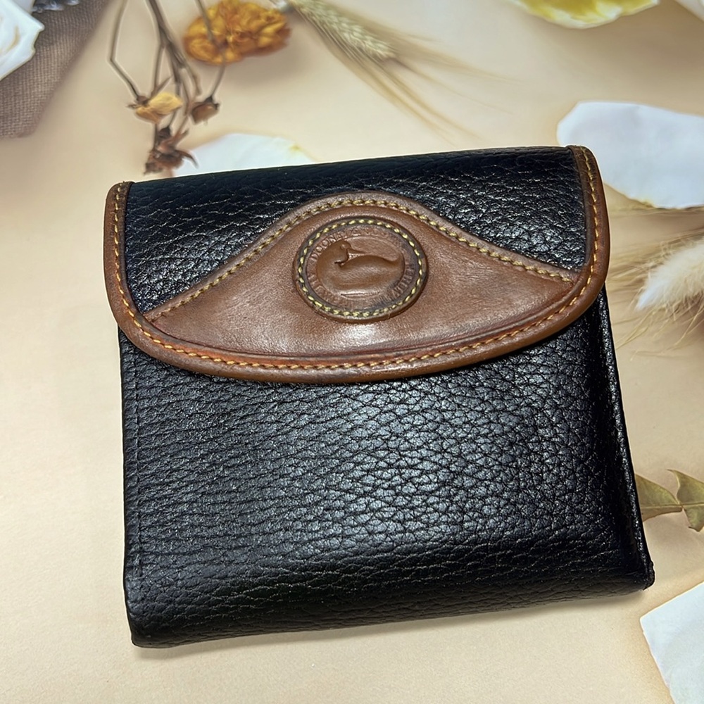 🦆 DOONEY & BOURKE TRIFOLD BLACK  TAN LEATHER  KISSLOCK POUCH COIN BAG VINTAGE